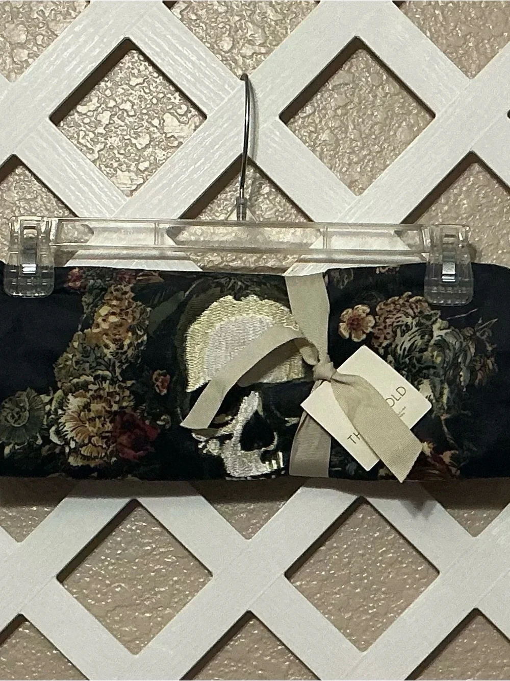 Gothic Black Skull & Floral Table Runner with Gold Fringe